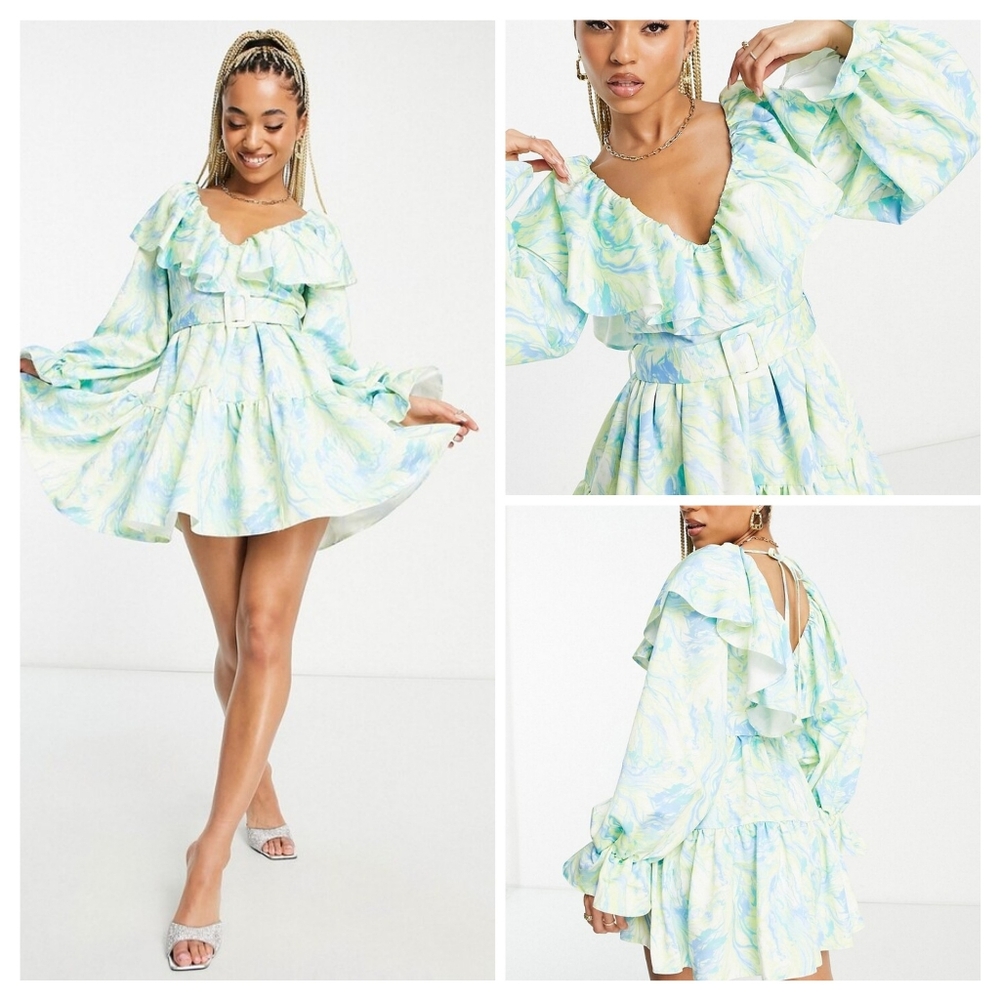 ASOS LUXE Curve Marble Print V Neck Belted Tiered Smock Dress 4 NWT